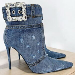 NWT DOLCE & GABBANA Dark Denim Patchwork DGLogo Rhinestone Ankle Boots S…